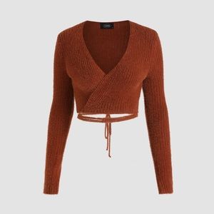 Cider Solid V-Neck Waist Tied Knit Top
